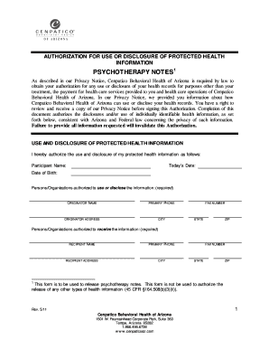Authorization for Use or Disclosure of Psychotherapy Notes