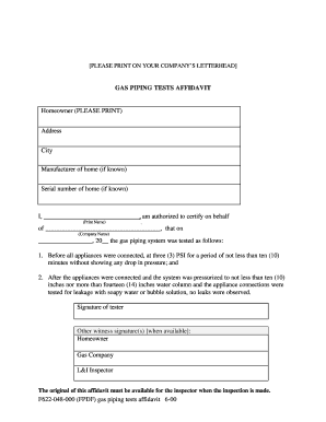 Gas Piping Tests Affidavit
