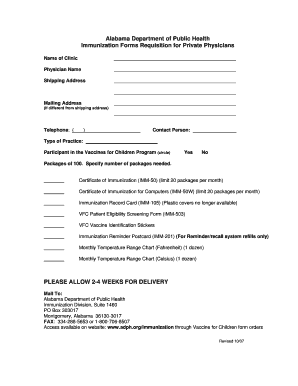 Alabama Immunization Forms Requisition