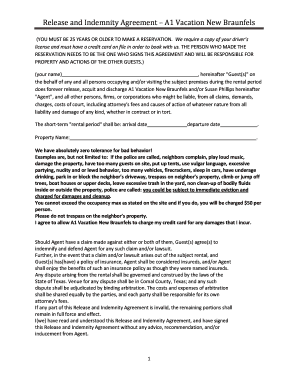 Release and Indemnity Agreement for A1 Vacation New Braunfels