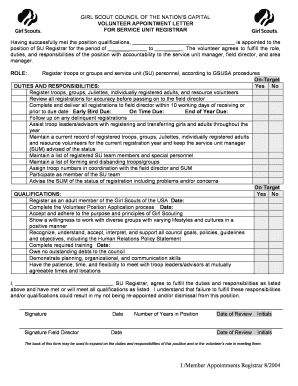 Girl Scout Service Unit Registrar Appointment Letter