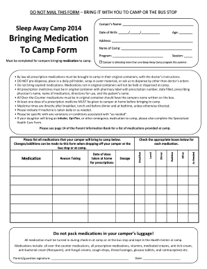 Sleep Away Camp Medication Form