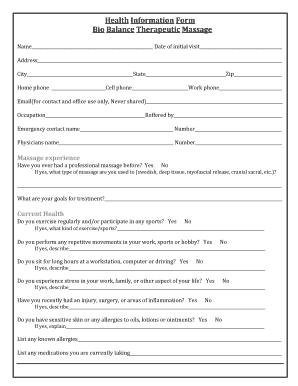 Health Information Form for Massage Therapy