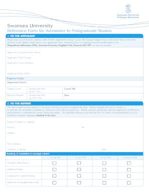 Swansea University Postgraduate Admission Reference Form