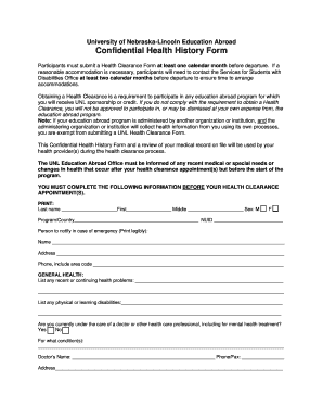 University of Nebraska-Lincoln Education Abroad Confidential Health History Form