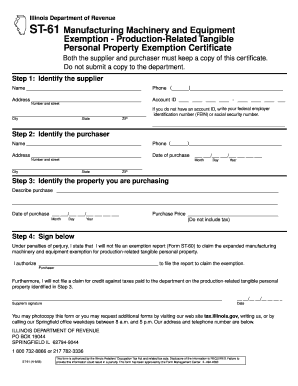 Illinois ST-61 Manufacturing Machinery Exemption Certificate