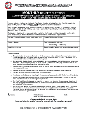 Southern California Pipe Trades Vacation & Holiday Fund Monthly Benefit Election