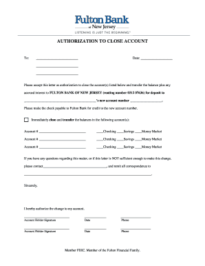 Authorization to Close Account Form - Fulton Bank of New Jersey