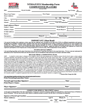 NTSSA/USYS Competitive Player Membership Form