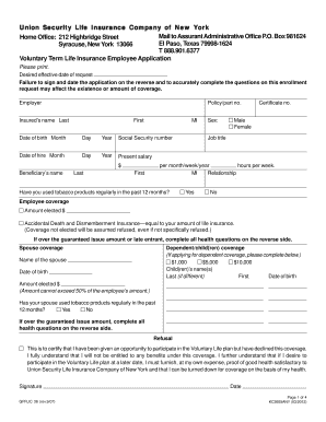 Voluntary Term Life Insurance Employee Application