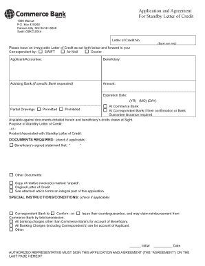 Standby Letter of Credit Application and Agreement