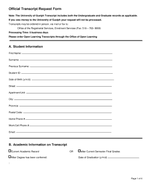 University of Guelph Transcript Request Form