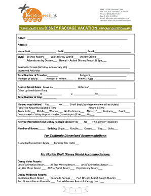 Disney Package Vacation Travel Quote Form