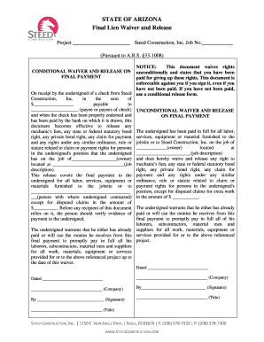 Arizona Final Lien Waiver and Release