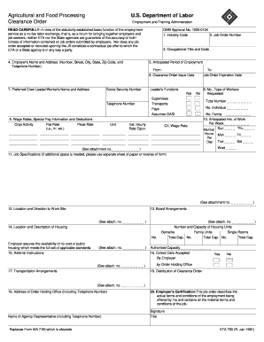 USDA Agricultural and Food Processing Job Order Form
