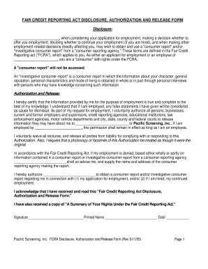 Fair Credit Reporting Act Disclosure Authorization and Release Form