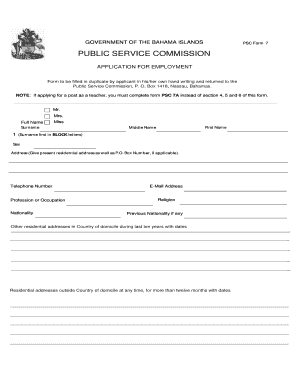 Bahamas PSC Form 7 Application for Employment