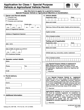 NSW Class 1 Special Purpose Vehicle Permit Application
