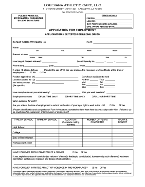 Louisiana Athletic Care Employment Application