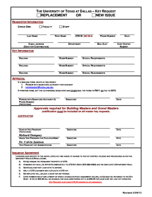University of Texas at Dallas Key Request Form