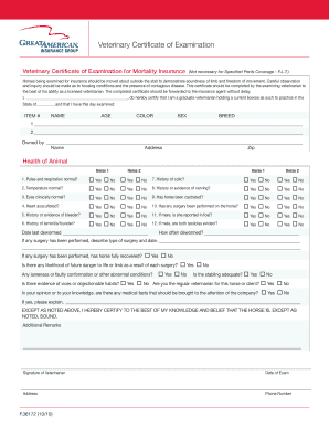 Veterinary Certificate of Examination for Mortality Insurance