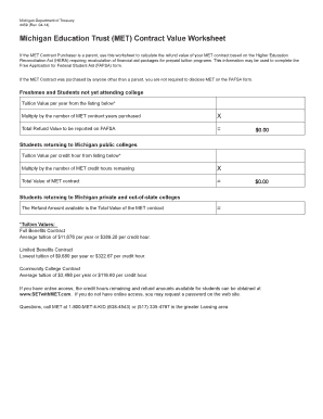Michigan Education Trust Contract Value Worksheet