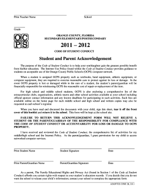 Orange County Student Conduct Acknowledgement Form