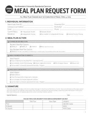 Northwestern University Meal Plan Request Form