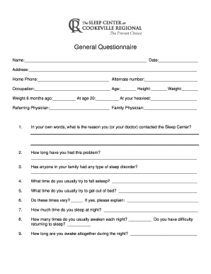 Sleep Center Patient Intake Form