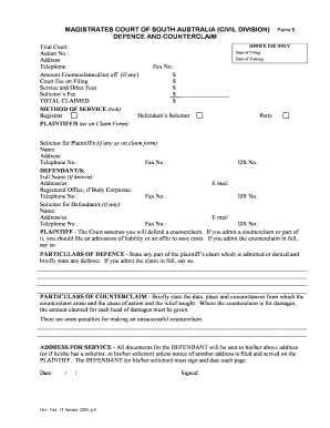 Magistrates Court of South Australia Civil Division Form 5