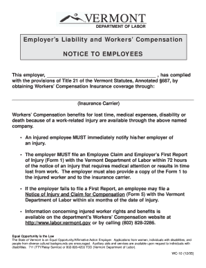 Vermont Workers' Compensation Notice to Employees
