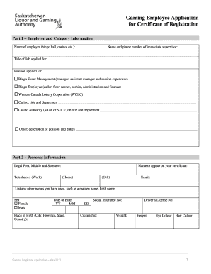 Gaming Employee Application for Certificate of Registration