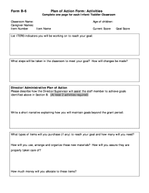Plan of Action Form for Infant Toddler Classroom