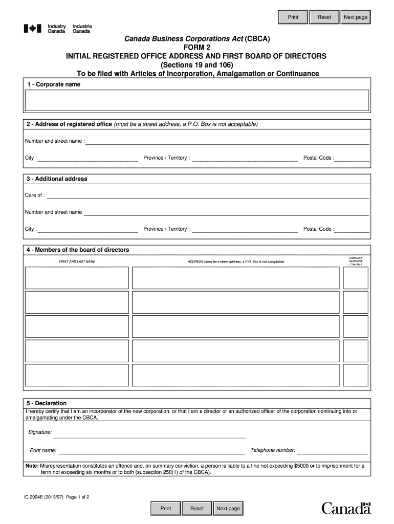 Fillable Online ic gc To be filed with Articles of Incorporation, Amalgamation or Continuance