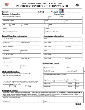 Philadelphia Recreation Department Participation Registration/Waiver
