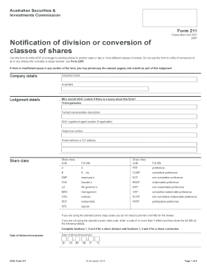 ASIC Form 211 Notification of Share Division or Conversion