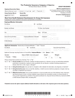Short Form Health Statement Questionnaire for Group Life Insurance
