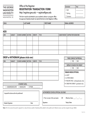 George Washington University Registration Transaction Form