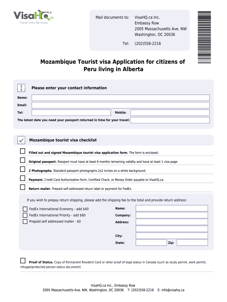Fillable Online Mozambique Visahq Mozambique Visa Application For Citizens Of Peru Mozambique