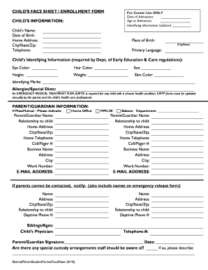 Child’s Face Sheet Enrollment Form