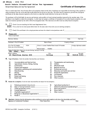 South Dakota Streamlined Sales Tax Agreement Certificate of Exemption