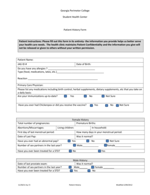 Georgia Perimeter College Student Health Center Patient History Form