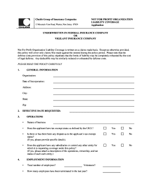 Non-Profit Organization Liability Insurance Application