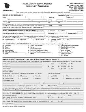 Salt Lake City School District Employment Application