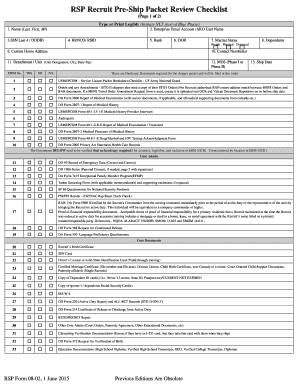 RSP Recruit Pre-Ship Packet Checklist Hardcopy Documents (Page 1 of 2) Type or Print Legibly (Initiate NLT start of Blue Phase) 1