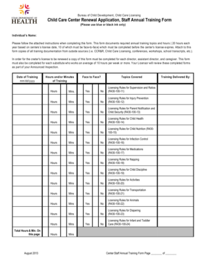 Child Care Center Staff Annual Training Form