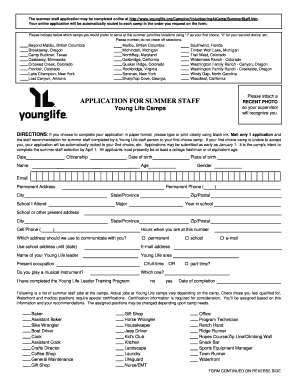 Young Life Summer Staff Application Form