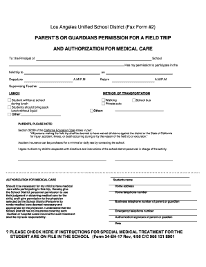 Parent Permission for Field Trip and Medical Care