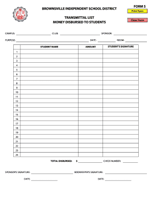 Transmittal List for Student Disbursements