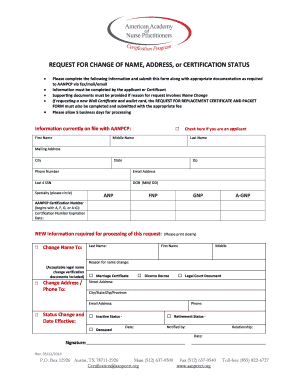 Request for Change of Name, Address, or Certification Status